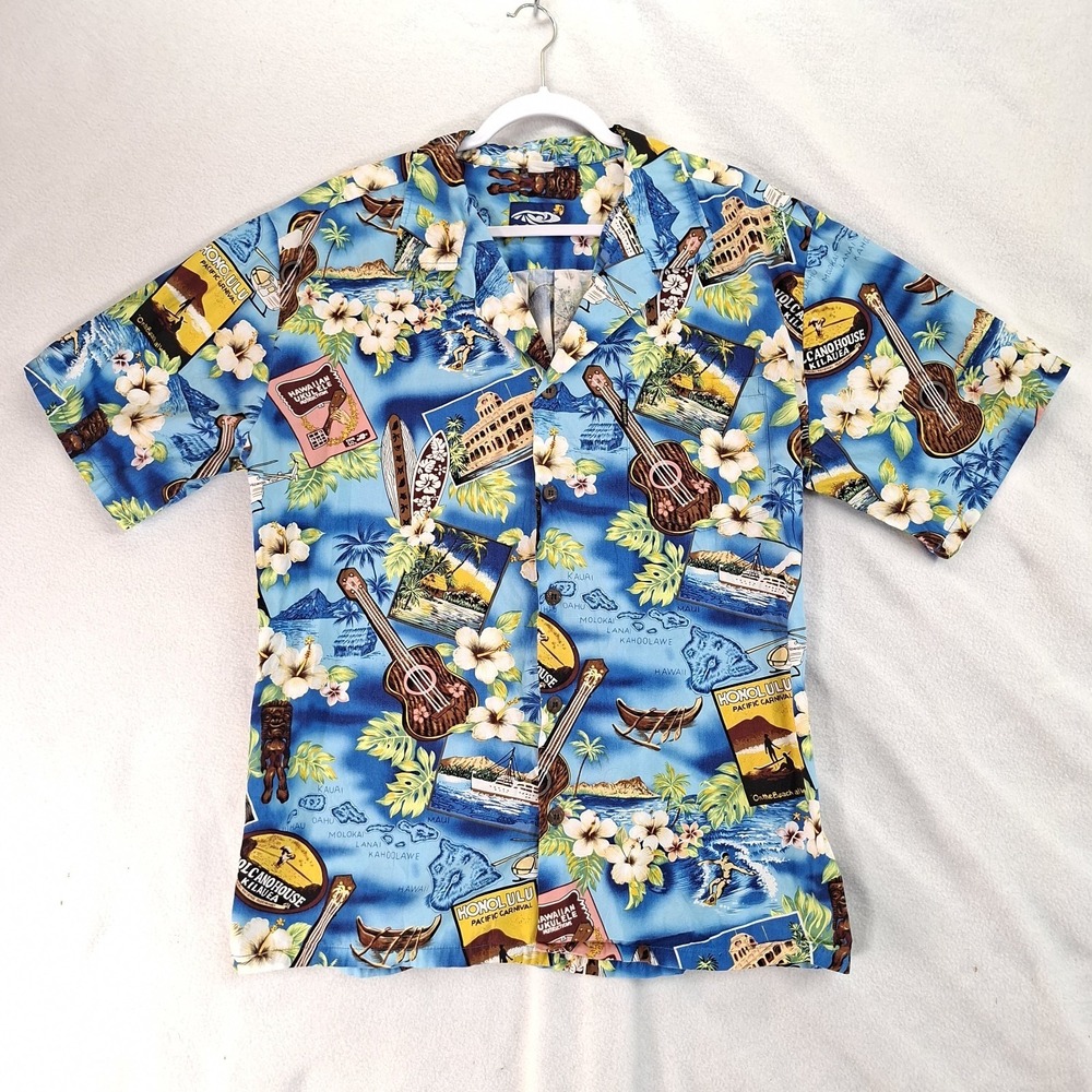 Vintage Palmwave Hawaiian Shirt Button Up Aloha Mens Size XL*β Tropical Blue Uke